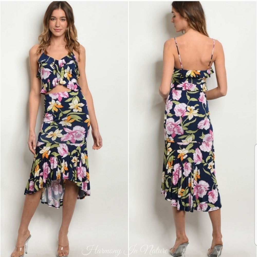NWT Harmony In Nature 2pc Floral Crop Top High-Low Midi Skirt Set Navy Blue L - Picture 12 of 12
